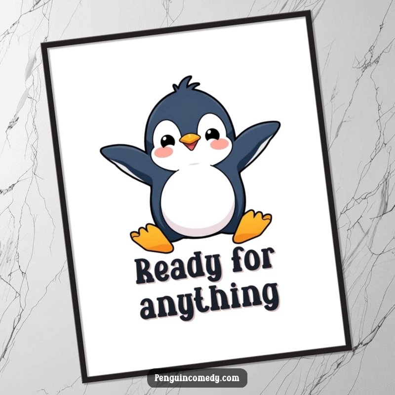 Funny digital art print of a happy penguin with flippers spread wide, ready to dive with pure joy.