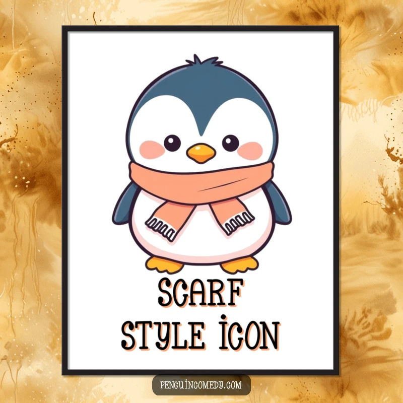 Funny penguin digital art print of a smiling penguin wearing a tiny scarf, perfect for instant download and cozy decor.