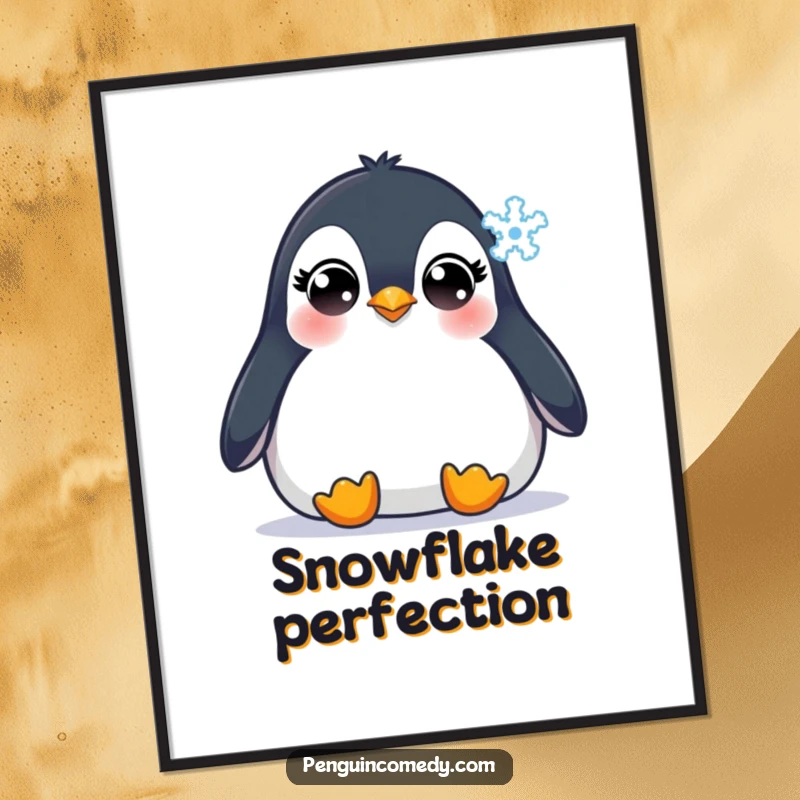 Funny Penguin Digital Art Print: An adorable penguin with wide, innocent eyes gazing at a falling snowflake, capturing pure winter enchantment and serenity.