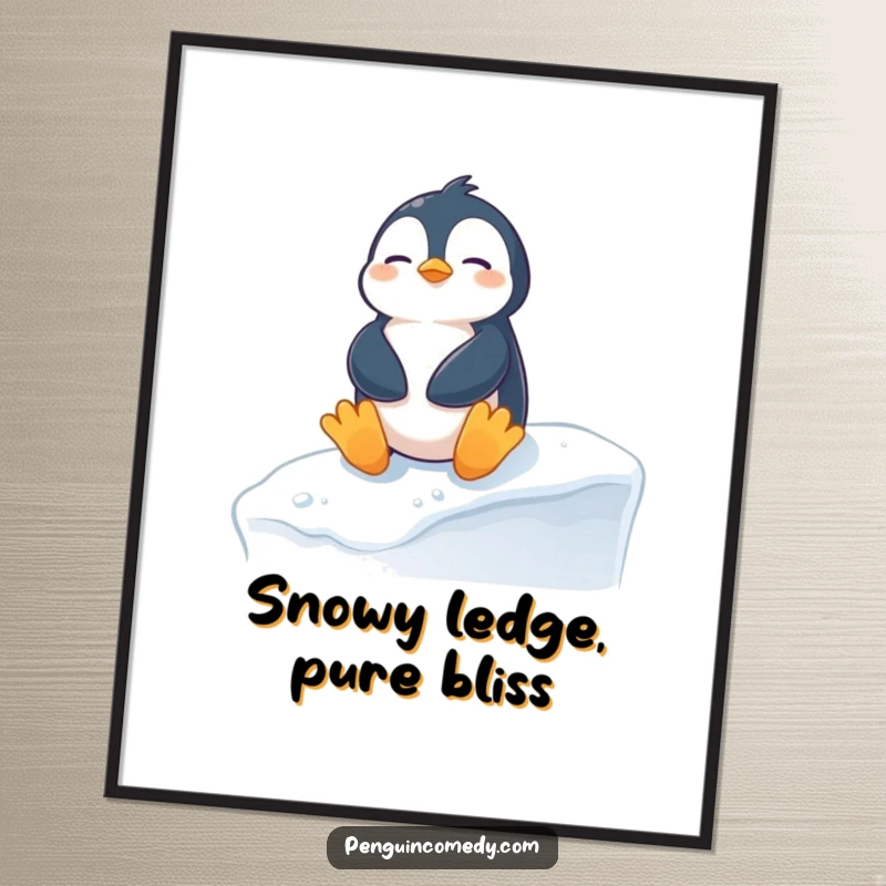 Funny penguin digital art print of a content penguin sunbathing on a snowy ledge, capturing hilarious winter serenity for home decor.
