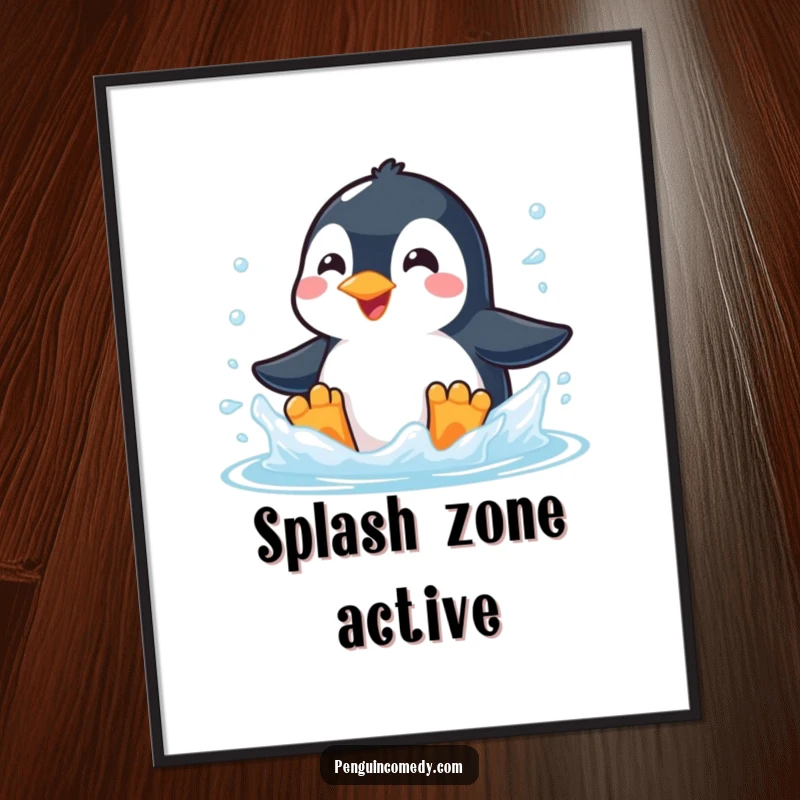 Funny digital art print of a smiling penguin enthusiastically splashing in frigid, clear water, evoking refreshing fun.