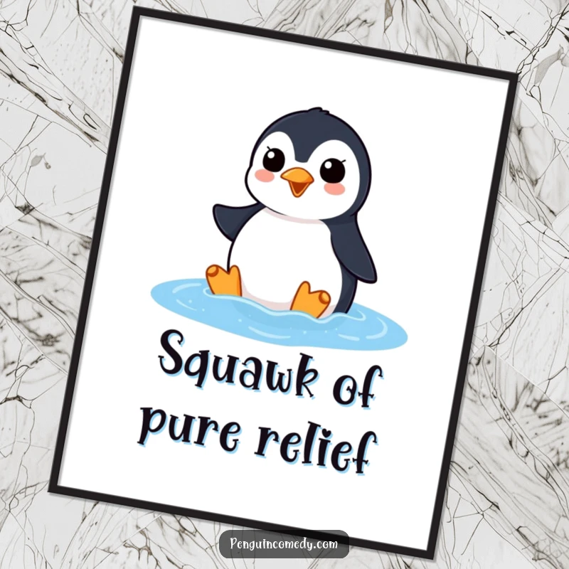 Funny penguin digital art print of an eager penguin squawking as it surfaces from the ocean, capturing hilarious cheer and excitement.