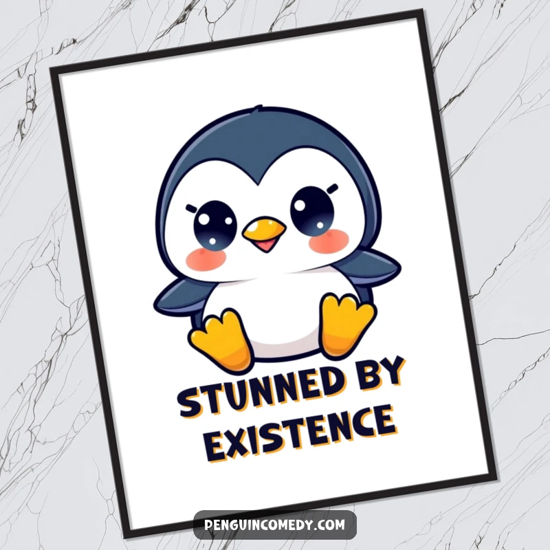 Funny digital art print of a surprised penguin, downloadable for instant humorous decor or a gift.