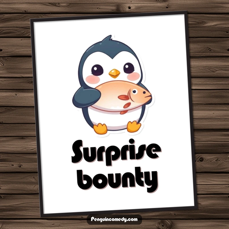 Funny digital art print of a shocked penguin holding a fish, ready to be printed for instant humorous decor.
