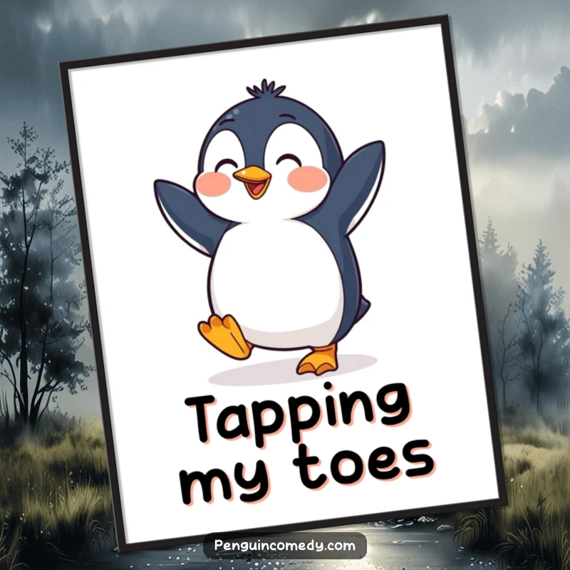 Funny penguin digital art print of a cheerful bird dancing enthusiastically, feet tapping, bringing vibrant, humorous energy instantly.
