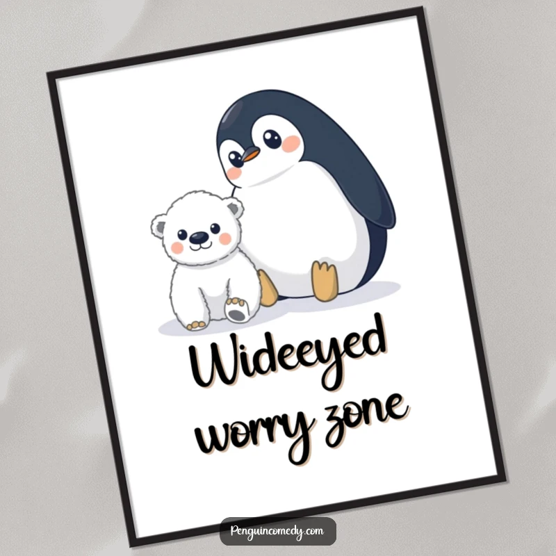 Funny penguin digital art print of a wide-eyed penguin watching a distant polar bear cub, capturing hilarious caution and awareness.