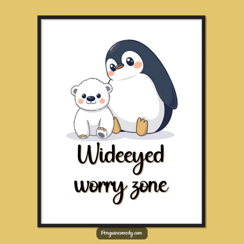 Funny Penguin Polar Bear Digital Art: Wide-Eyed Wall Decor, Perfect Funny Gift