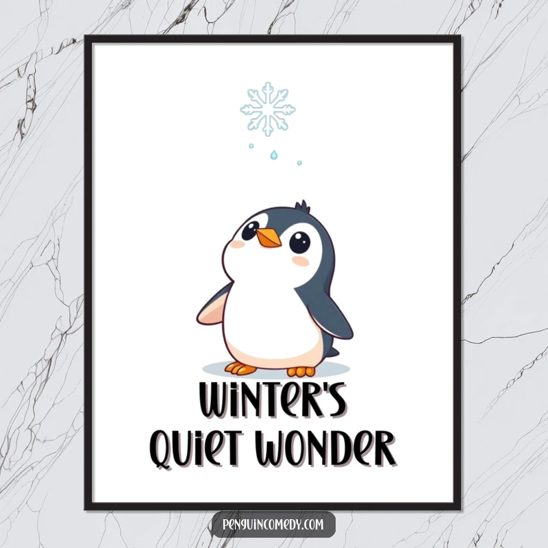 Funny Digital Art Print: A curious penguin character looking up at a falling snowflake, evoking peace and wonder.