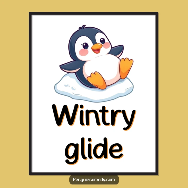 Funny Penguin Slide Art Print: Winter Joy Decor, a Charming Digital Funny Gift