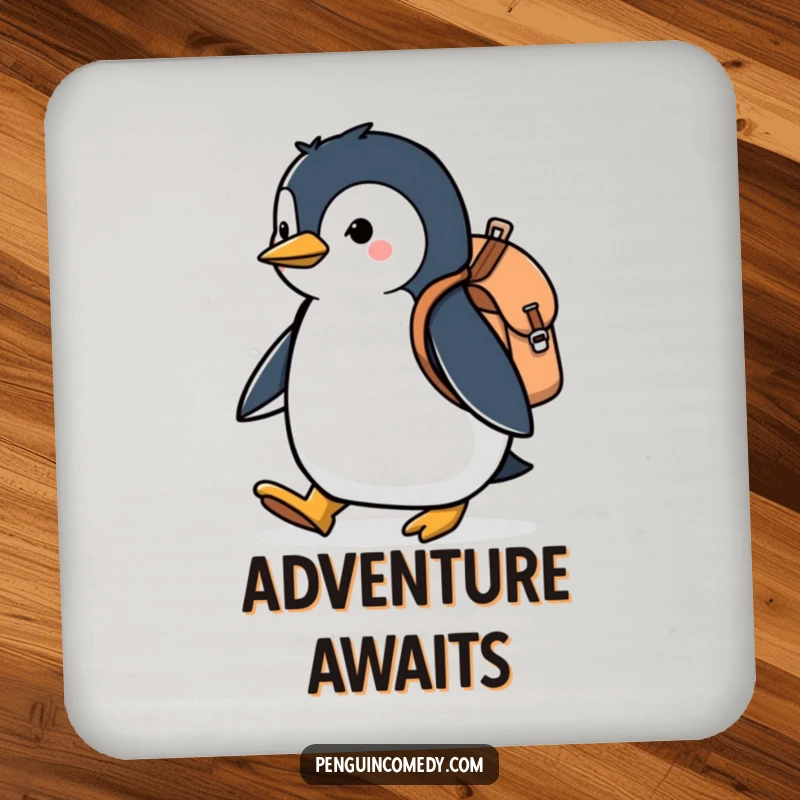 Funny drink coasters showing a penguin with a backpack, marching with determination, offering humorous protection for your tabletops.