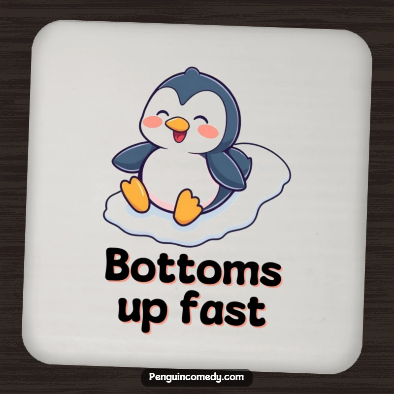 Funny Penguin Sliding Down Icy Hill Coaster, a decorative coaster depicting a happy penguin mid-slide, offering funny protection for tabletops.
