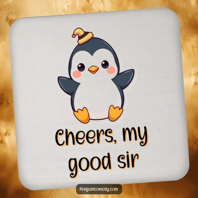 Funny drink coasters featuring a penguin wearing a tiny hat, tipping it with a flourish, adding classy decor.