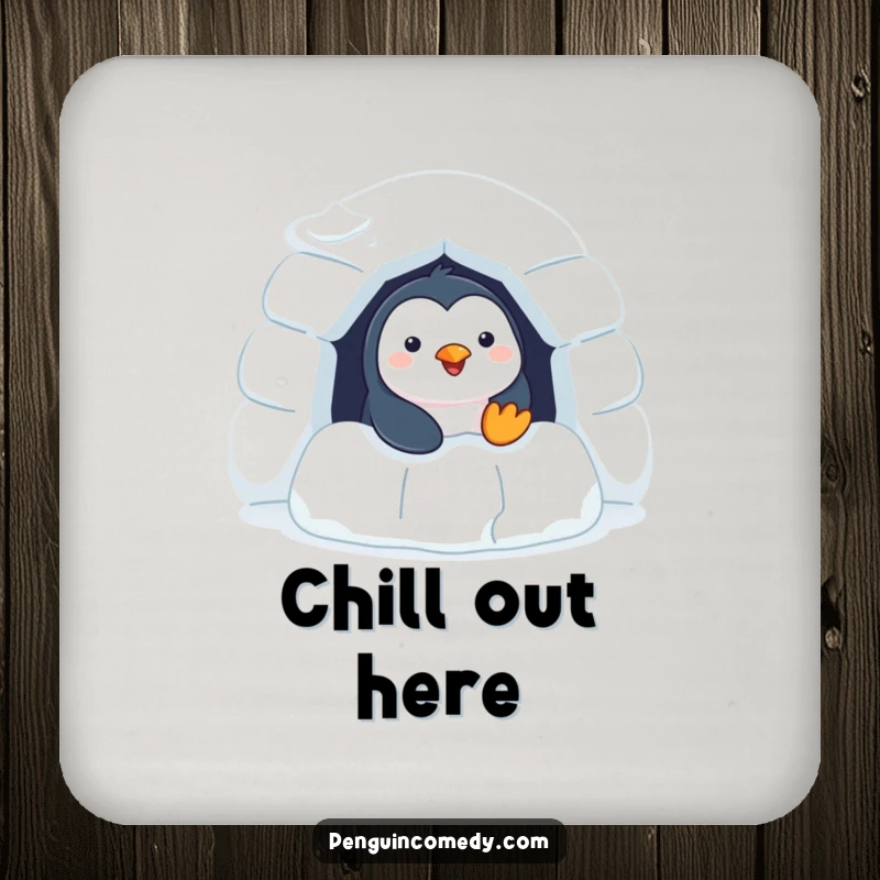 Funny Penguin Coaster featuring a cheerful penguin peeking from an igloo, for table protection and charm.