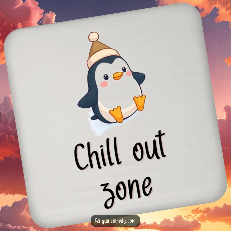 Funny Penguin Hat Coasters: A set of coasters featuring a cute penguin in a tiny hat sliding down an icy slope, protecting surfaces with humor.
