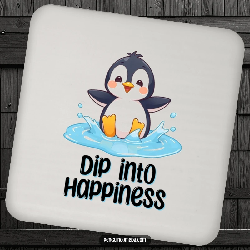Funny Coaster: A playful penguin character splashing in a bright blue puddle, protecting surfaces with fun.