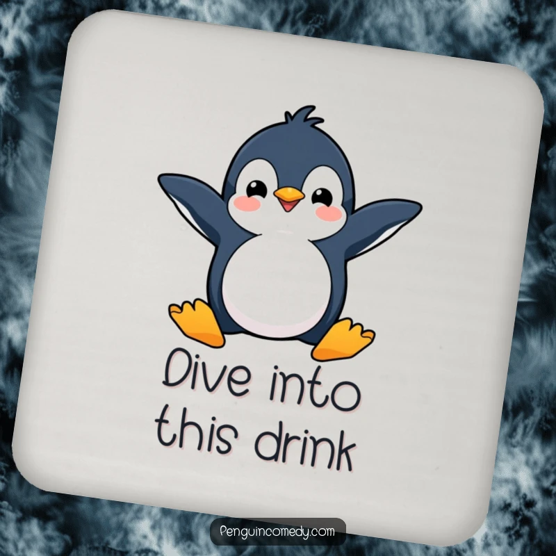 Funny drink coasters featuring a happy penguin with flippers spread wide, ready to dive, adding energetic decor.
