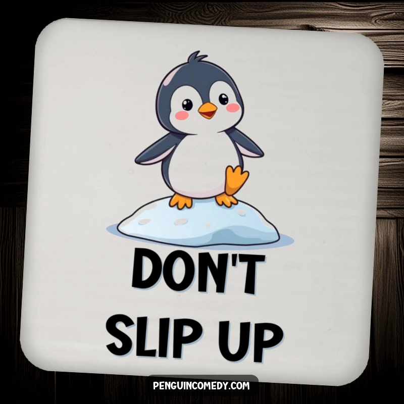 Funny Drink Coasters: A silly penguin balancing precariously on a slippery surface. Humorous penguin-themed coasters for table protection.