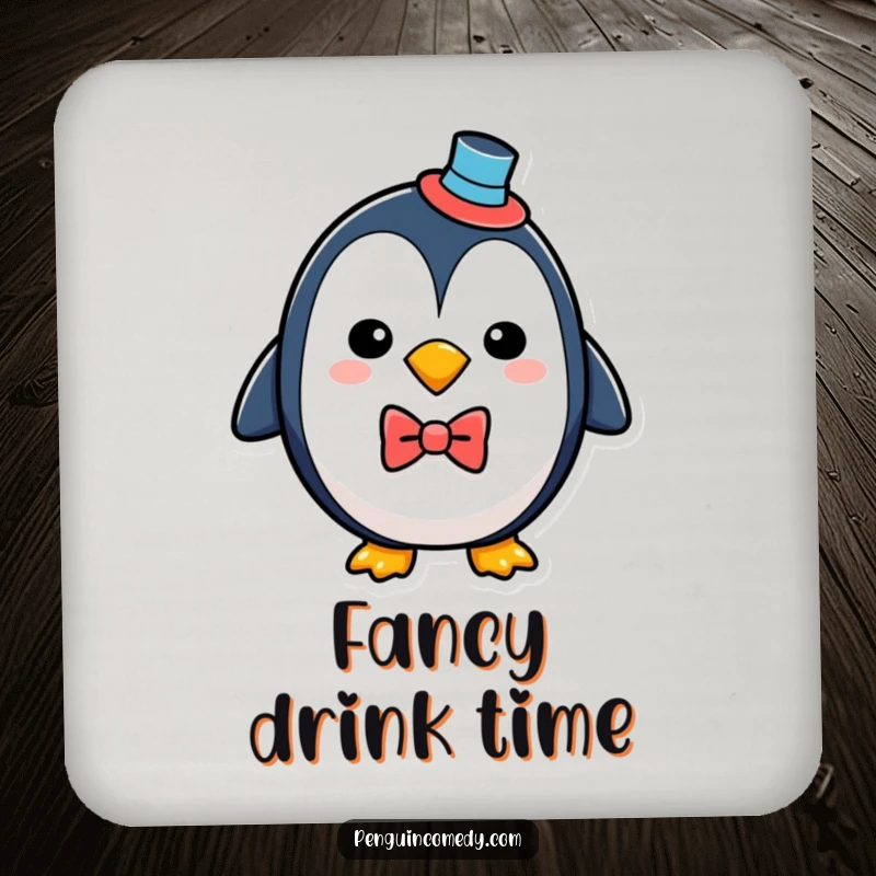 Funny penguin in a top hat and bowtie, elegantly designed on a drink coaster to protect surfaces humorously.
