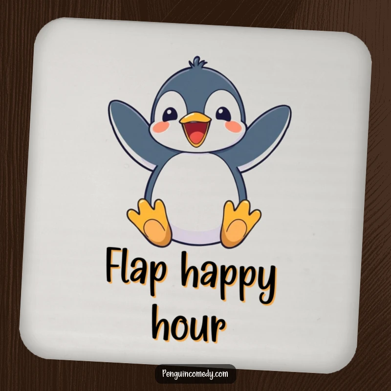 Funny Penguin Coaster featuring an excited penguin flapping its flippers, for table protection and cheer.