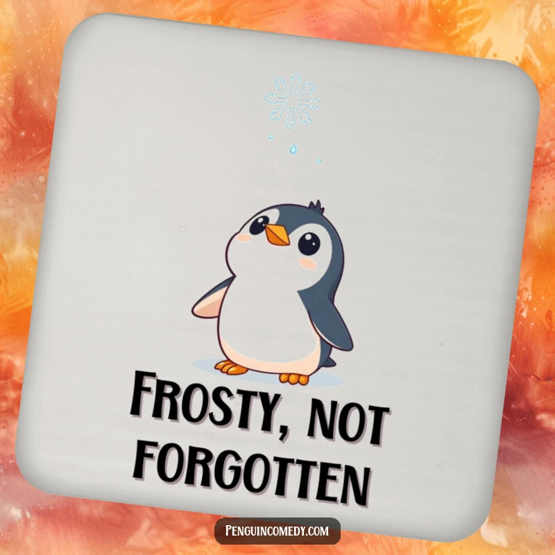 Funny Coaster: A curious penguin character looking up at a falling snowflake, adding winter charm to your table.
