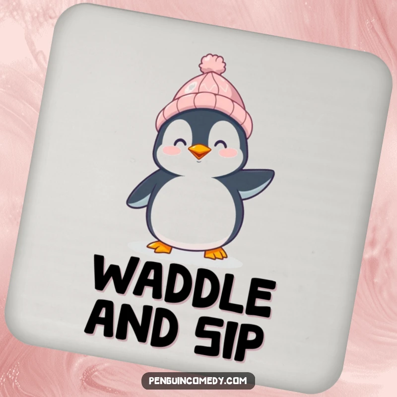 Funny Penguin Drink Coasters: A happy penguin in a hat waddles joyfully, adding winter flair, a practical and funny gift.