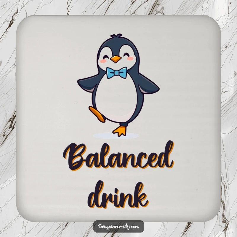 Funny drink coasters featuring a dapper penguin in a bow tie balancing, adding elegance and humor.