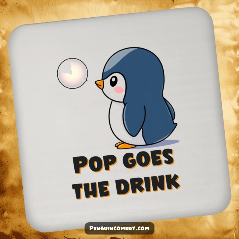Funny penguin drink coaster, depicting a curious penguin observing a shimmering bubble icon, adding a touch of humor to any surface.