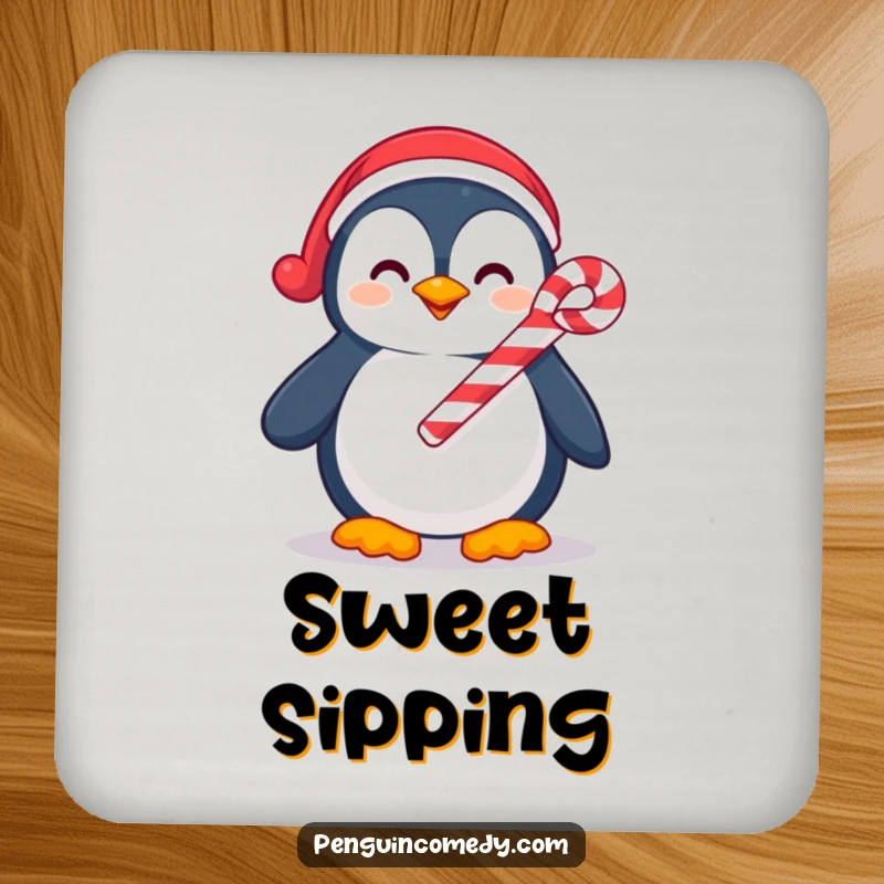 Funny drink coasters showing a smiling penguin holding a candy cane, offering humorous holiday protection for tabletops.