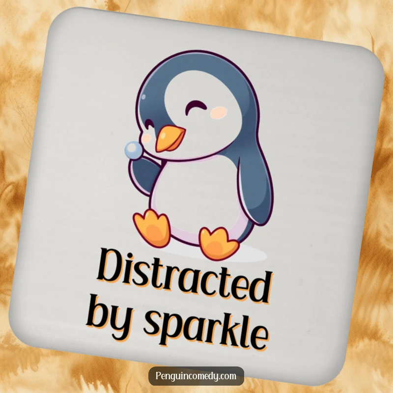Funny penguin drink coaster, a curious bird tilting its head, guarding a table from a hypothetical shiny object, adding humor.