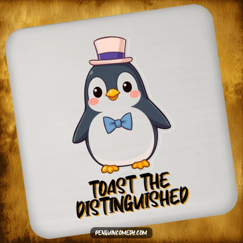 Funny Coaster: A distinguished penguin character wearing a top hat and bowtie, protecting surfaces with style.