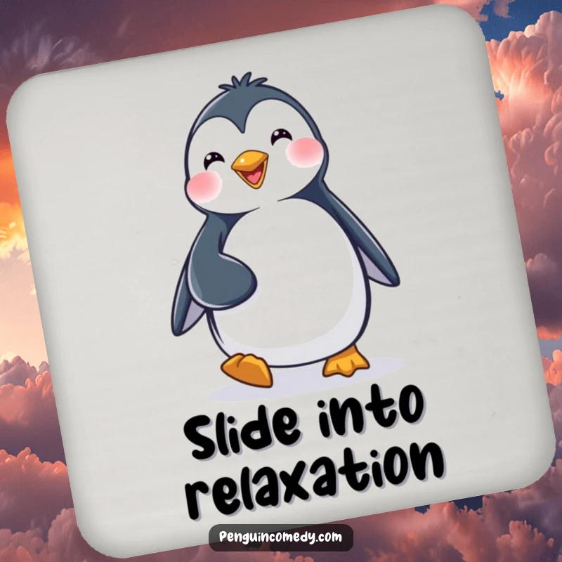 Funny Coaster: A happy penguin character waddling with a determined stride, protecting surfaces with cheer.