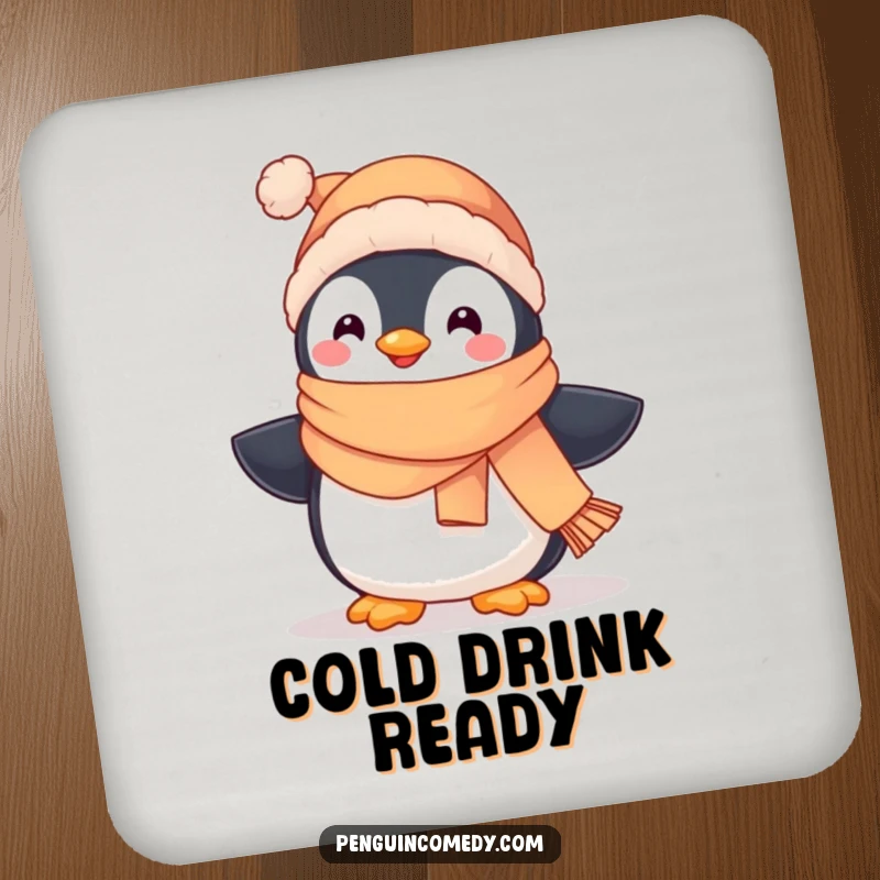 Funny set of coasters featuring a cute penguin wearing a scarf and hat, waddling happily, protecting furniture.