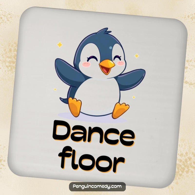 Funny drink coasters showing a penguin dancing with glee, offering humorous protection for tabletops with a dose of fun.
