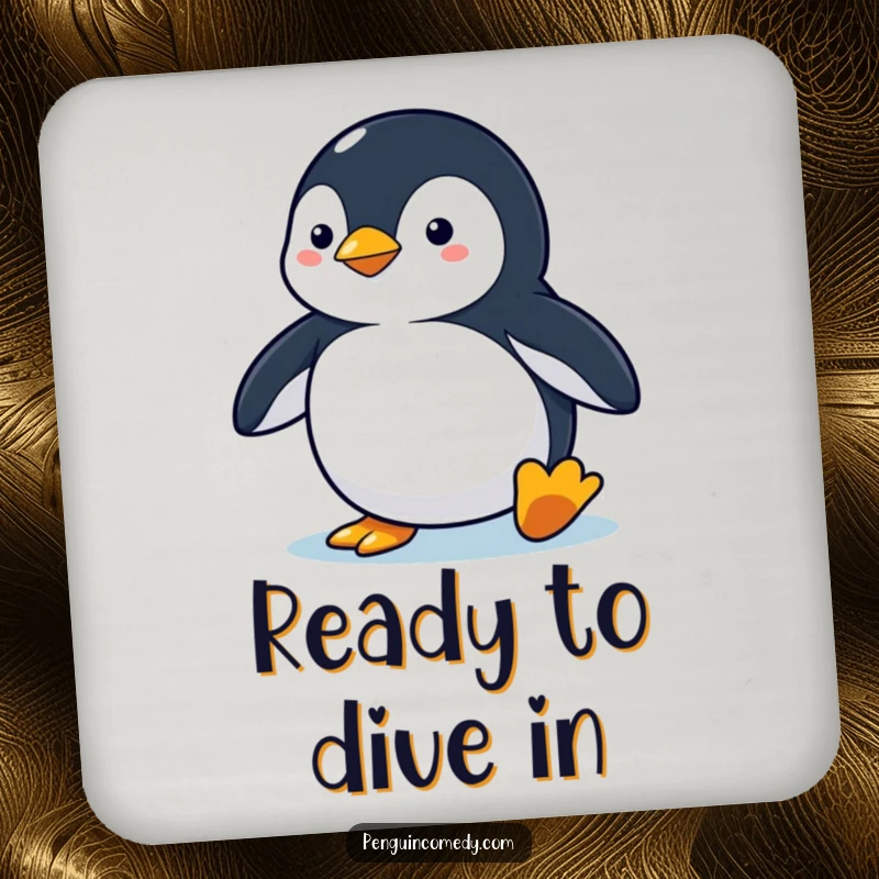 Funny penguin coaster depicting a penguin in an alert stance, ready to dive, adding hilarious motivation to any surface.