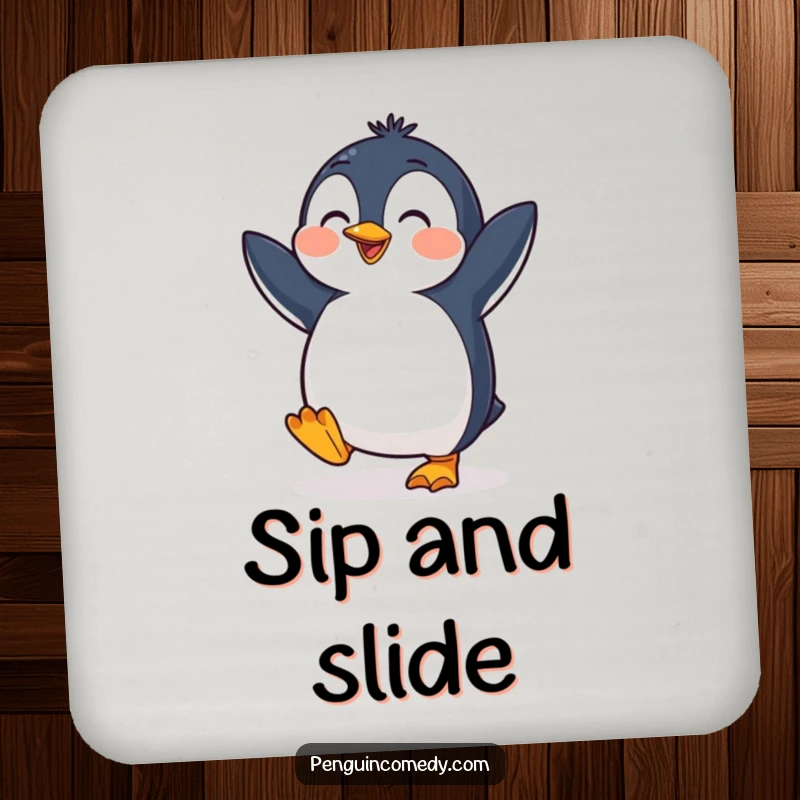 Funny penguin drink coaster showing a cheerful bird tapping its feet in a dance, protecting surfaces with humor and style.