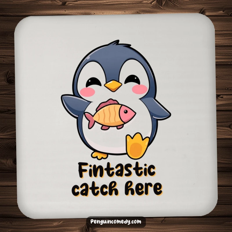 Funny drink coasters featuring a delighted penguin proudly holding a fish icon, adding cute decor.