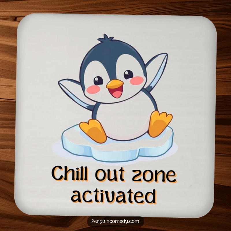 Funny drink coaster displaying a penguin comically sliding headfirst on ice, protecting surfaces with humor.