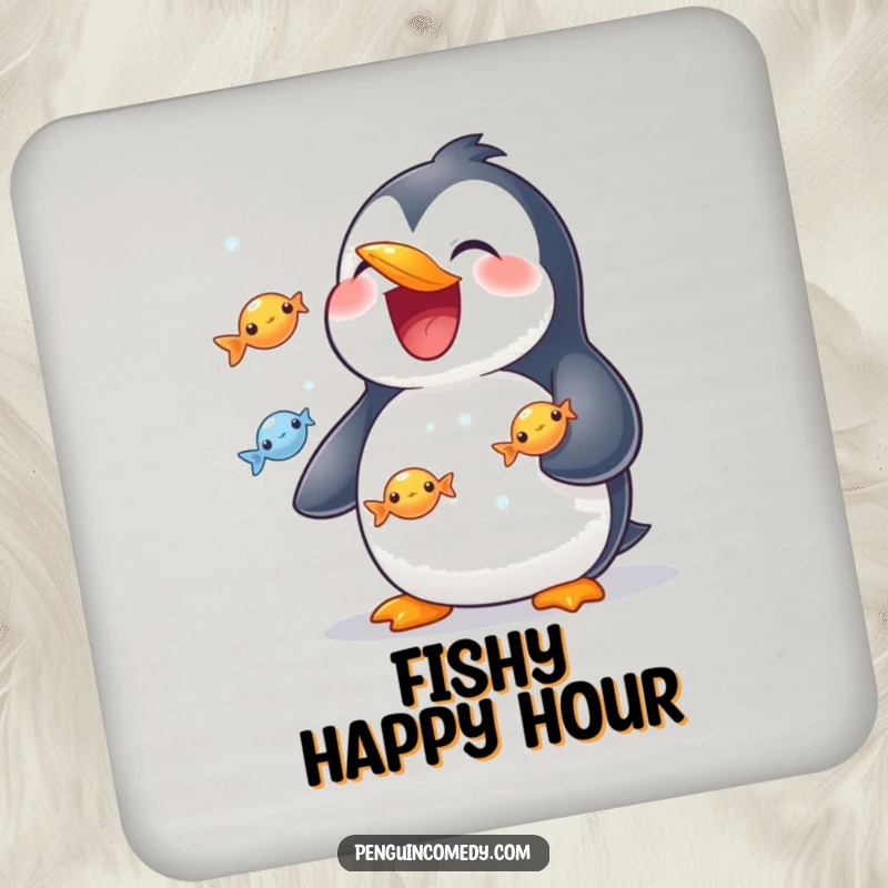 Funny drink coaster featuring a grinning penguin skillfully juggling small, shiny fish.