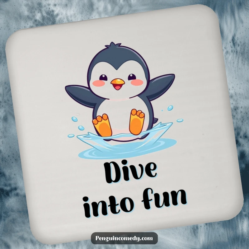 Funny drink coaster showing a playful penguin mid-jump, flippers out, about to splash into water.