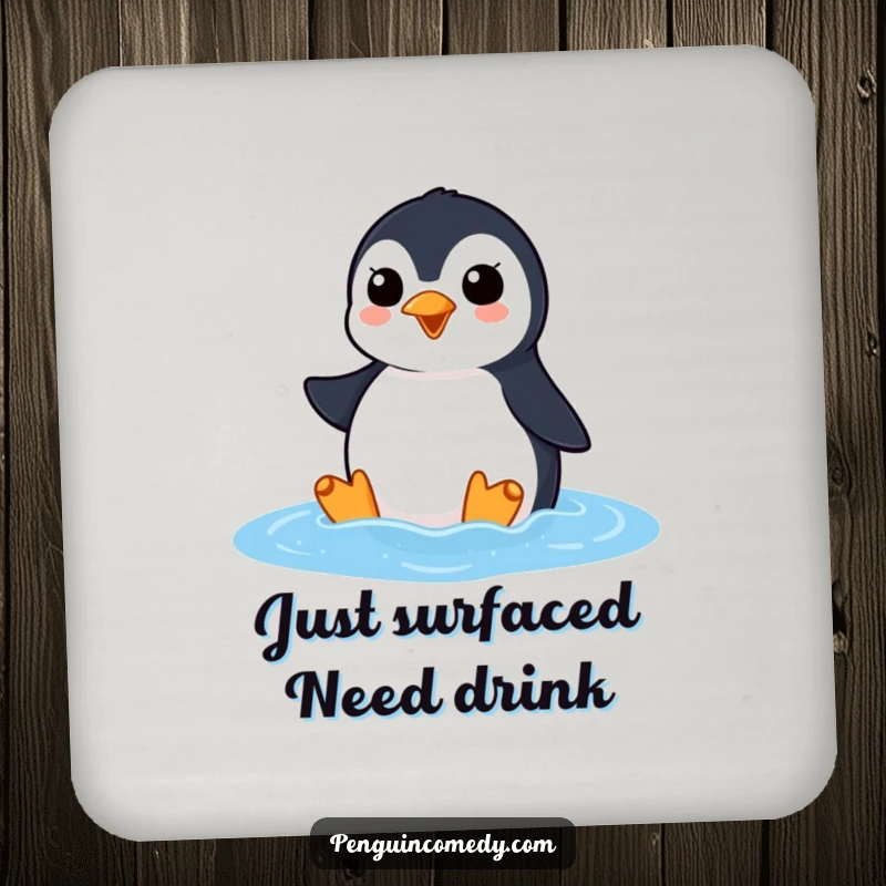 Funny penguin coaster depicting an excited penguin squawking as it surfaces from the ocean, adding hilarious cheer to any surface.