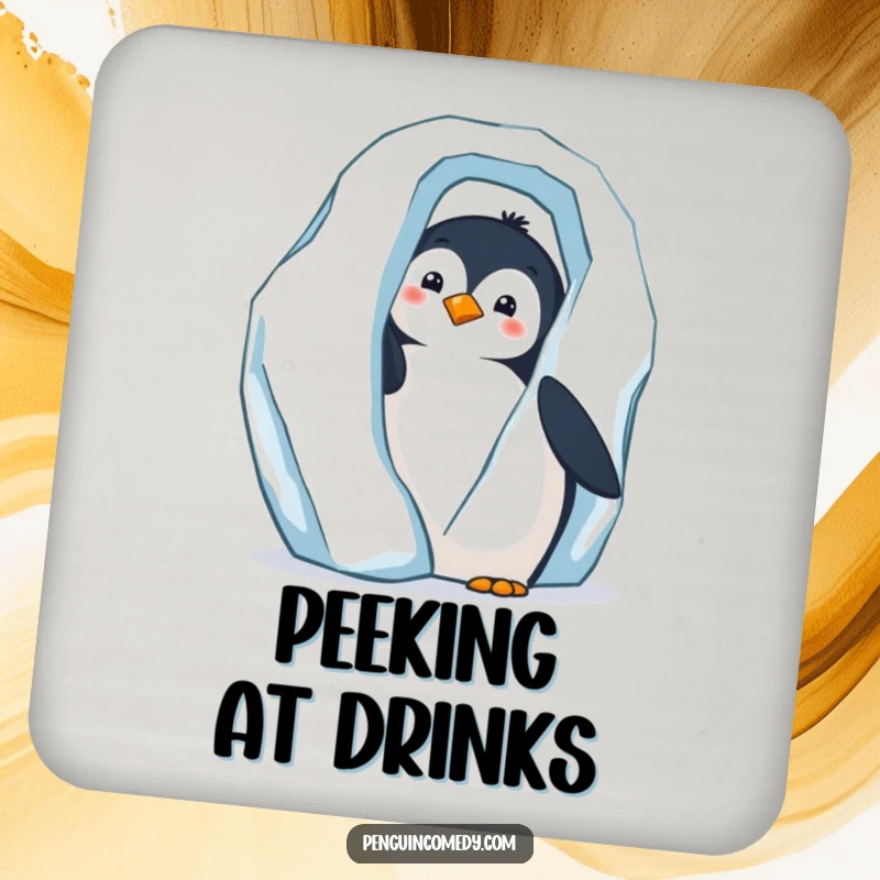 Funny drink coaster featuring a curious penguin peeking from behind a large iceberg.