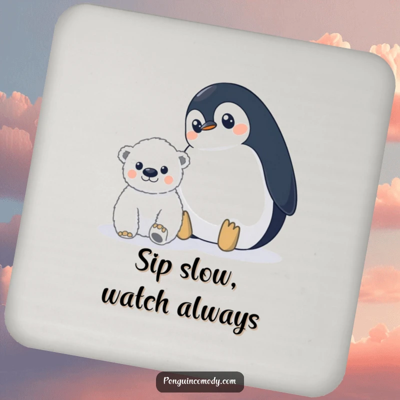 Funny penguin coaster depicting a wide-eyed penguin observing a distant polar bear cub, adding hilarious awareness to any surface.
