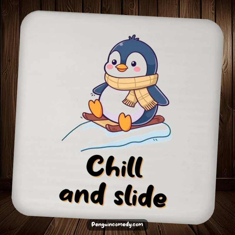 Funny drink coaster featuring a happy penguin wearing a scarf, sliding down a slick ice surface.