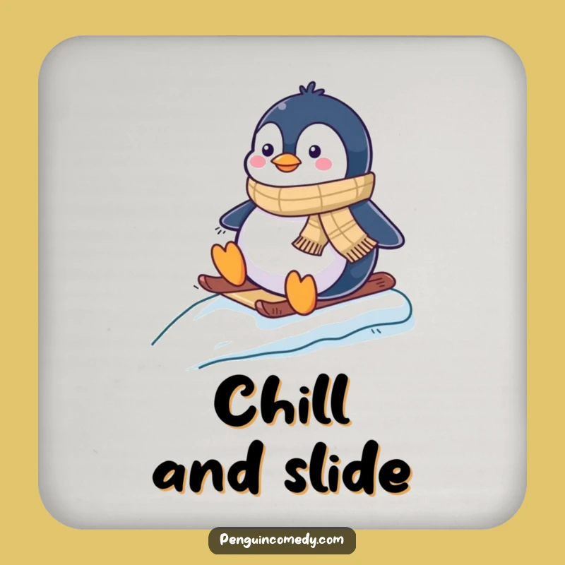 Funny Penguin Sledding Drink Coaster - Tabletop Penguin Protector Gift