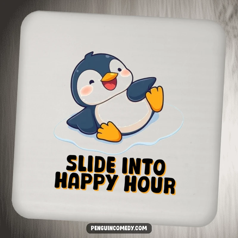 Funny set of coasters featuring a giggling penguin sliding on its belly down an icy slope, protecting furniture.
