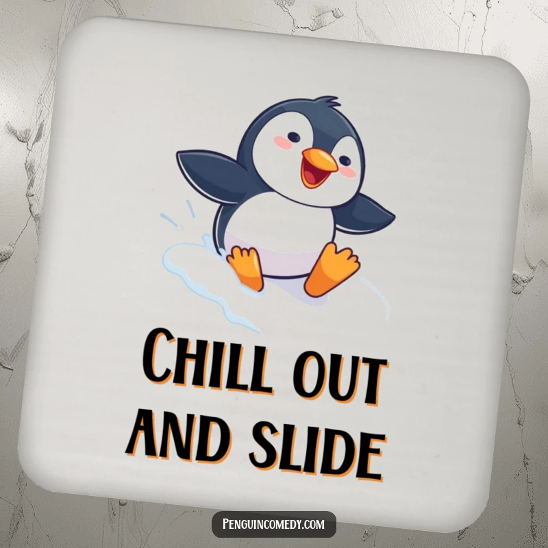 Funny Penguin Drink Coaster with a gleeful penguin sliding down a snowy slope, adding a humorous and protective touch to any tabletop.