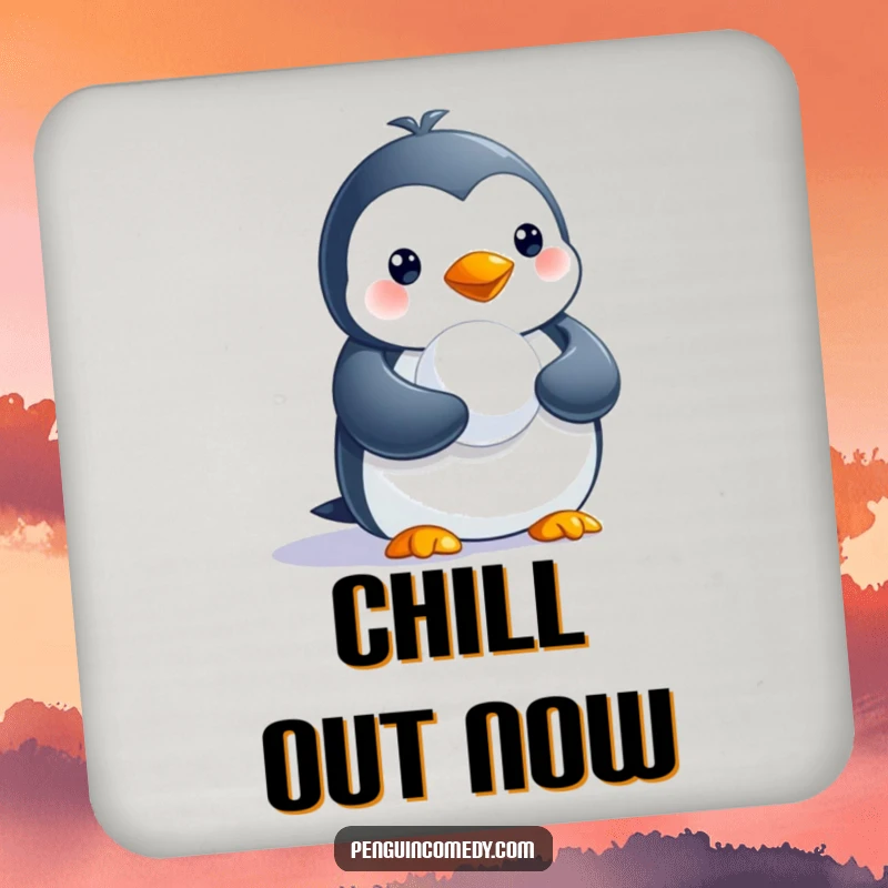 Funny drink coaster with a penguin holding a tiny snowball, protecting surfaces with humor.