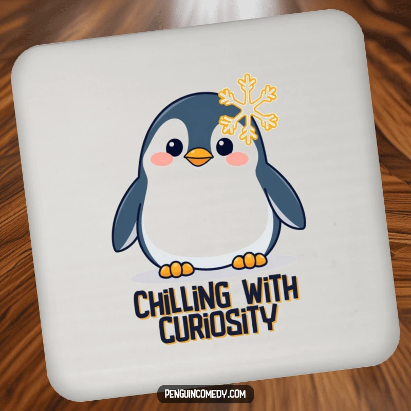Funny drink coaster displaying a curious penguin observing a snowflake, adding subtle charm to any surface.