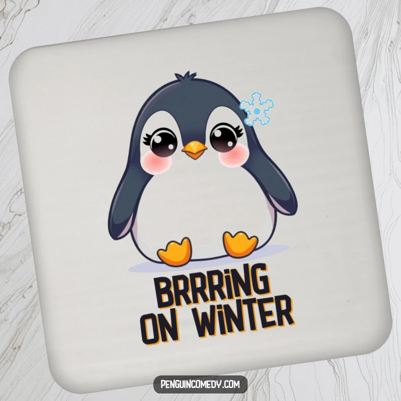 Funny Penguin Coaster: A cute penguin with innocent eyes watching a snowflake fall, adding a festive and protective touch to tables.