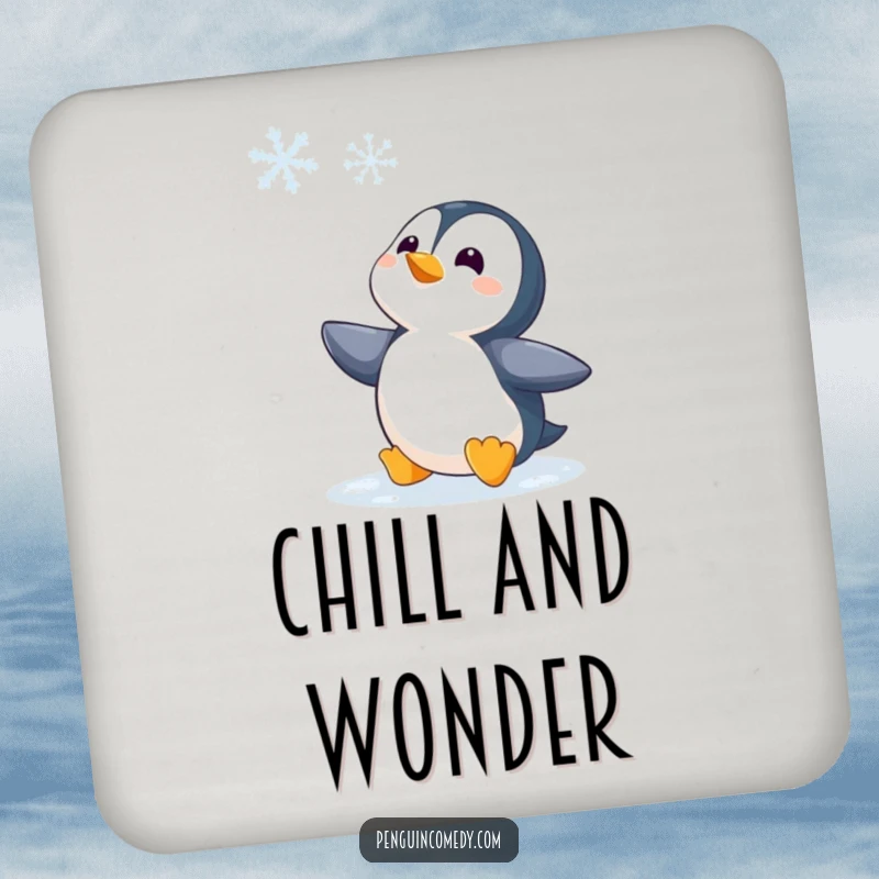 Funny Penguin Watching Snowflake Coaster, a coaster with a penguin observing a snowflake, offering funny protection for surfaces with winter charm.